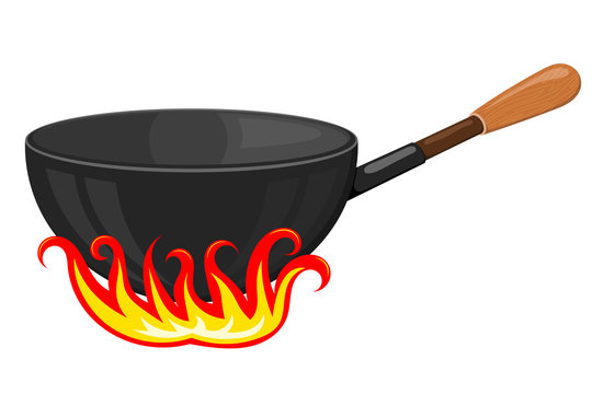 Cartoon vector image of a black frying pan with stylized flames