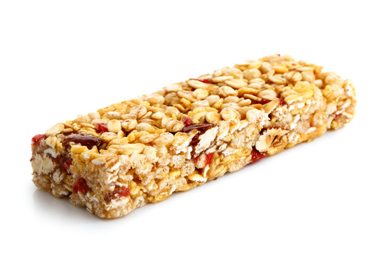 Strawberry, oat and nut bar isolated on white.