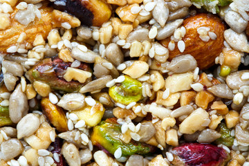 Background of fruit, nut and seed bar with pistachios.