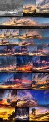 Dramatic sunset like fire in the sky with golden clouds collage