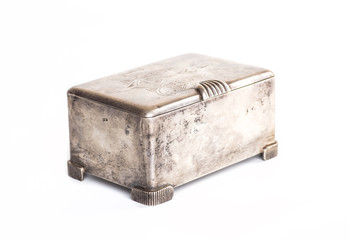 Old silver metallic retro casket over white background