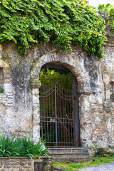 Fototapeta na wymiar Gated arched entrance in a weathered wall covered with ivy