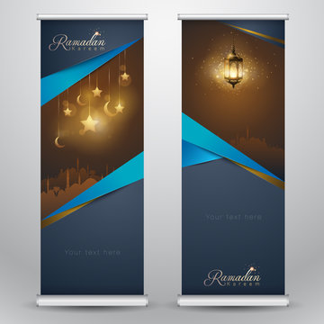 Islamic greeting on roll up banner Ramadan Kareem vertical template design with mosque and arabic lantern 