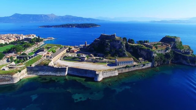Old Fortress, Kerkyra Corfu castle island, Greece panoramic aerial 4k video. Sea ocean coast, old city, landmark fort