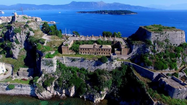 Old Fortress, Kerkyra Corfu castle island, Greece panoramic aerial 4k video. Sea ocean coast, old city, landmark fort