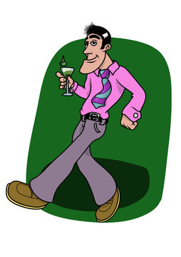 A business man having a cocktail with a pink shirt and tie