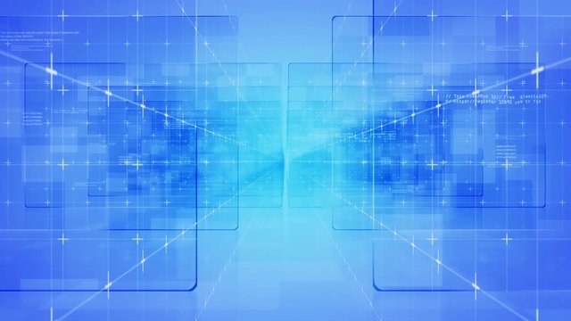 Opening digital doors.Camera zoom in trough glass infographic windows with running code text.Good for news intro technological screensaver.Title text video.