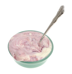 Raspberry yogurt in a bowl with spoon on a white background.
