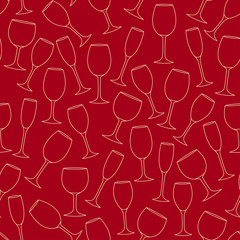 Seamless pattern made of linear wine glasses on red background