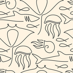 Seamless pattern made of sea fauna drawn with one line