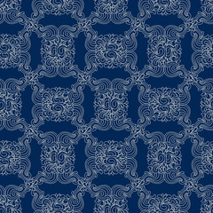 Seamless decorative zentangle graphic pattern on dark blue backg