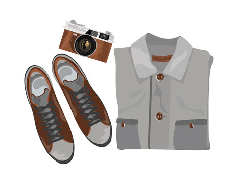 Vector Shirt and shoes and vintage camera. Set of trendy mens shoes and accessories. Male wardrobe. Vector illustration