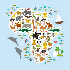 Animal Africa: parrot Hyena Rhinoceros Zebra Hippopotamus snake camel mosquito tsetse ostrich lemur Chameleon Monkey Fennec fox Leo Leopard Giraffe buffalo Penguin. Vector