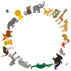 Fototapeta premium Round frame for text Animal Africa: Hyena Rhinoceros Zebra Hippopotamus Crocodile Turtle Elephant snake camel mosquito tsetse ostrich lemur Monkey Fennec fox Leo Leopard Giraffe buffalo. Vector