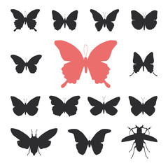 butterflies, cicada set isolated silhouette on white background. Vector