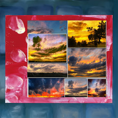 Dramatic sunset like fire in the sky with golden clouds collage