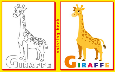 Coloring Book for Kids with letters and words. giraffe. vector i