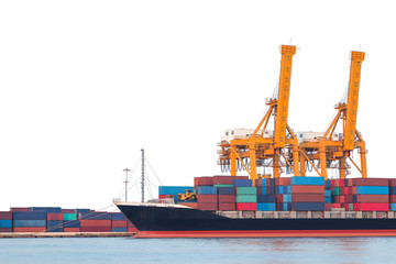 Container cargo freight ship with crane on white background