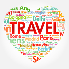 Image of TRAVEL love heart word cloud concept made with words cities names, concept background printed on Printed Glass Splashbacks