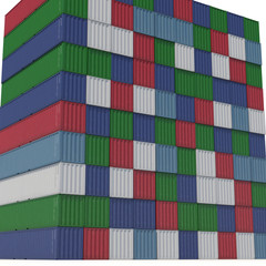 Stacked color cargo containers over white 3D Illustration