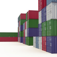 Stacked color cargo containers over white 3D Illustration