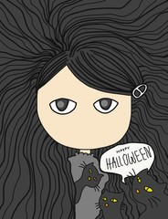 Happy Halloween witch and black cats illustration