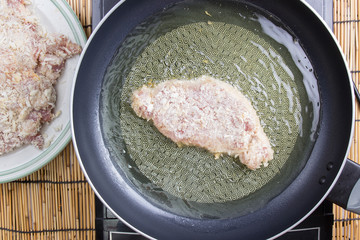 Chef deep fried pork in pan