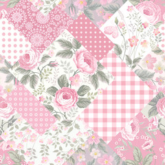 decorative patchwork floral pattern with roses in pastel colors - obrazy, fototapety, plakaty