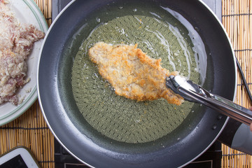 Chef deep fried pork in pan