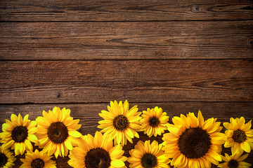 Naklejka premium Sunflowers on wooden background