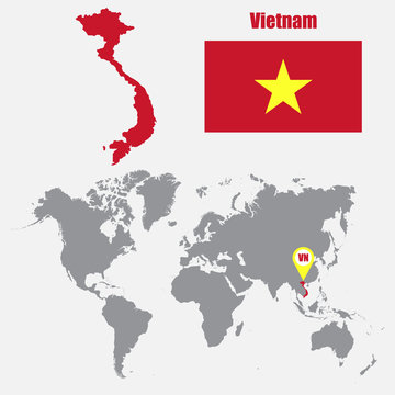 Vietnam map on a world map with flag and map pointer. Vector illustration