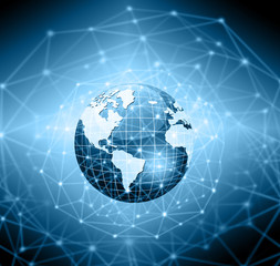 Best Internet Concept of global business. Globe, glowing lines on technological background. Electronics, Wi-Fi, rays, symbols Internet, television, mobile and satellite communicationsblue blur