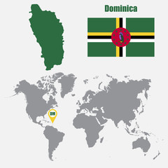 Dominica map on a world map with flag and map pointer. Vector illustration