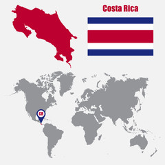 Costa Rica map on a world map with flag and map pointer. Vector illustration