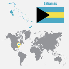 Bahamas map on a world map with flag and map pointer. Vector illustration