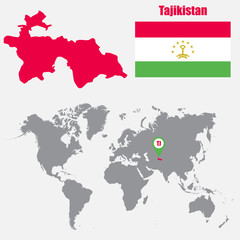Tajikistan map on a world map with flag and map pointer. Vector illustration