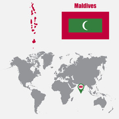Maldives map on a world map with flag and map pointer. Vector illustration
