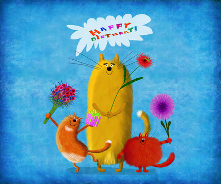 Birthday Card Cats With Flowers On Blue Background