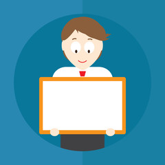 Happy businessman or teacher or coach with blank board in hands. Vector