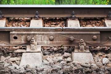 Fototapeta na wymiar Railway details, rails joint with gap, closeup