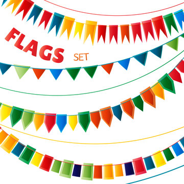 Rainbow bright colors holiday garlands flags set on white background, vector