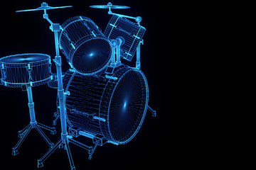 3D Music Drums in Wireframe Hologram Style. Nice 3D Rendering
