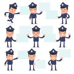 Set of Funny and Cheerful Character Officer holds and interacts