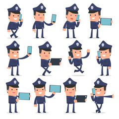 Set of Smart and Funny Character Officer holding mobile phone