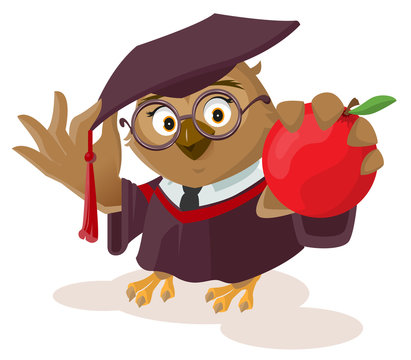 Owl teacher holding red apple