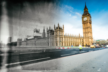 Fototapeta na wymiar London Big Ben split on old and modern image