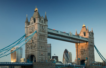 Tower bridge on the river Thames in London at sunset in 2016.