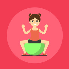 Smiling young girl doing exercises with fit ball, vector illustration in flat style. Healthy lifestyle. Fitness people. Workout and gymnastics. Cartoon character isolated on red background.