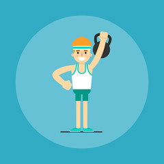 Athletic young man with weight doing exercises, vector illustration in flat style. Healthy lifestyle. Fitness people. Workout and gymnastics. Cartoon character isolated on blue background.