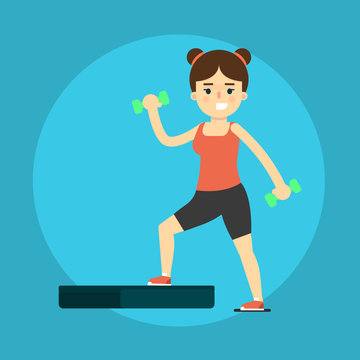 Smiling young girl doing exercises with dumbbells and step board, vector illustration. Healthy lifestyle. Fitness people. Workout and gymnastics. Cartoon character isolated on blue background.